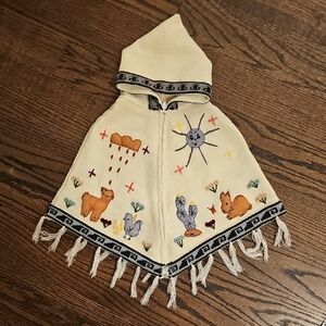 Children's Hand Embroidered Peruvian Style Hooded Zip Front Poncho